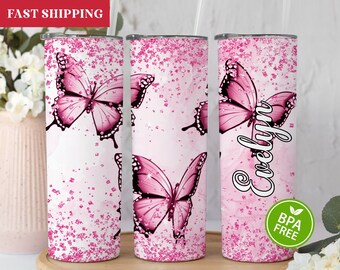 Personalized Pink Butterflies Tumbler, Butterfly Gifts For Women, Butterfly Tumbler With Straw, Butterfly Lover Gifts, Butterfly Cup