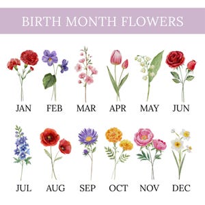 May include: A graphic featuring watercolor illustrations of birth month flowers. Each month is represented by a different flower, with the month's name below. The text "BIRTH MONTH FLOWERS" is at the top.