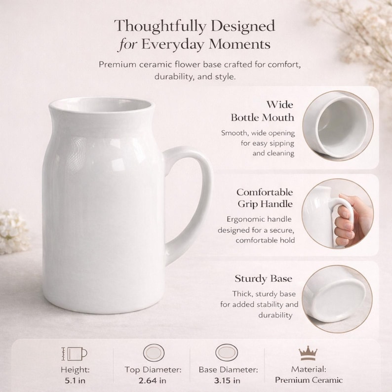 May include: A white ceramic mug with a wide mouth, a curved handle, and a sturdy base. Text includes: Thoughtfully Designed for Everyday Moments, Wide Bottle Mouth, Comfortable Grip Handle, Sturdy Base. Dimensions: 5.1 in height, 2.64 in top diameter, 3.15 in base diameter.
