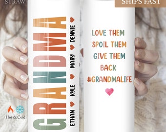 Love Them Spoil Them Give The Back Tumbler, Grandma Gifts, Grandma Coffee Cup, Grandma Mother's Day Gifts, Grandma Tumbler With Kids Names