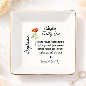 Personalized Birth Flower Jewelry Tray for 21st Birthday, Custom Name Ring Dish Gift for Her, 21st Birthday Gift Women (HC-EHOKS21)