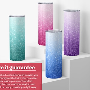 May include: Four stainless steel tumblers with a glitter ombre design. The tumblers are in shades of pink, purple, blue, and green.