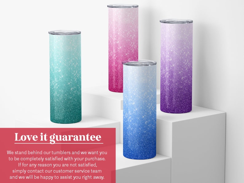 May include: Four stainless steel tumblers with a glitter ombre design. The tumblers are in shades of pink, purple, blue, and green.