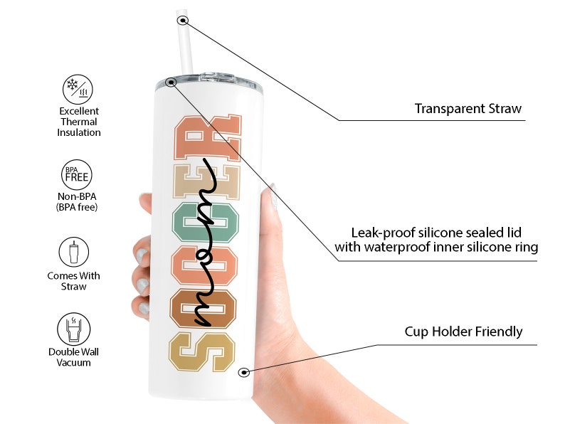 May include: White tumbler with the word "SOCCER" in colorful letters. The tumbler has a double wall vacuum, comes with a straw, and has a leak-proof lid.