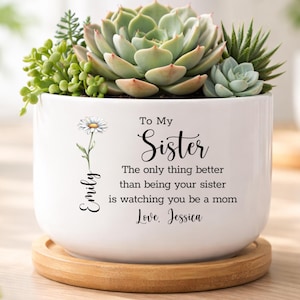 May include: White ceramic planter with a daisy illustration and text "To My Sister." The planter holds a variety of succulents and sits on a wooden saucer. Text includes "Emily" and "Love, Jessica."