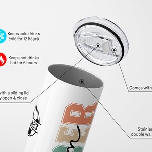 May include: A stainless steel tumbler with a sliding lid and a straw hole. The tumbler has a colorful graphic design and text that says "$23". It keeps drinks cold for 12 hours and hot for 6 hours.