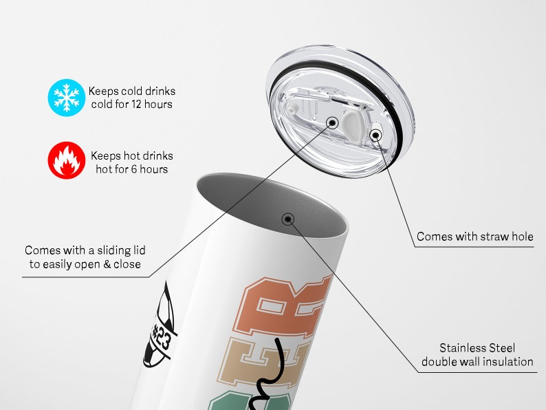 May include: A stainless steel tumbler with a sliding lid and a straw hole. The tumbler has a colorful graphic design and text that says "$23". It keeps drinks cold for 12 hours and hot for 6 hours.