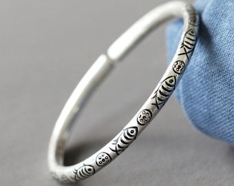 Silver Bangle Bracelet,Fish Bracelet,Unique Dainty Oxydic Handmade 999 Solid Pure Silver Cuff,Personalized Custom Gift For Her/Men/Women/Him