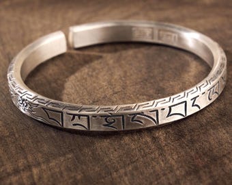 Tibetan Inspired Mantra Bracelet Men|999 Pure Silver Protection Bangle|Buddhist Meditation Cuff|Personalied Gift For Him|Custom Engraving