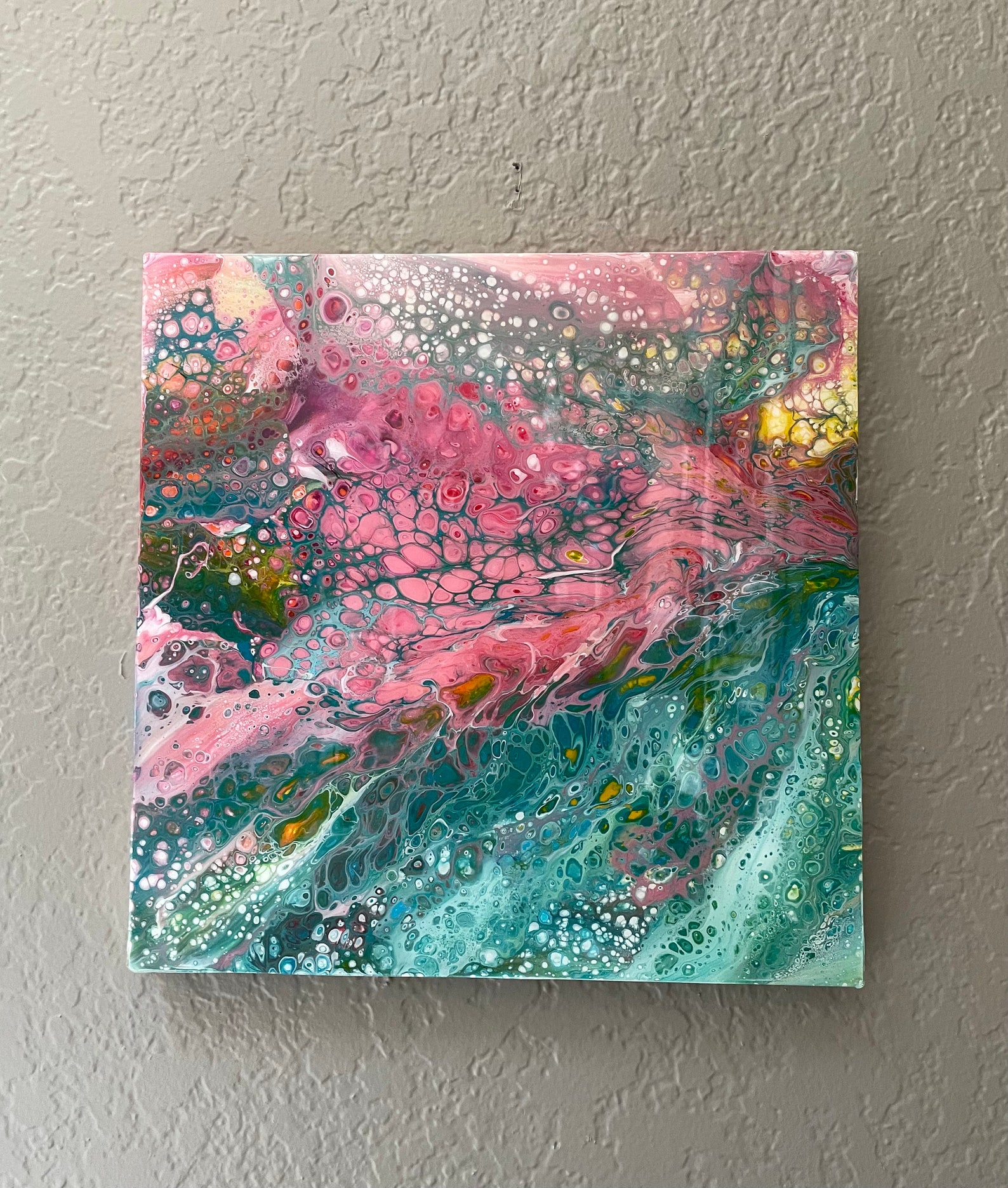 Acrylic Paint Pour Pink Teal Yellow and White | Etsy