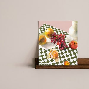 Colourful Hand-Painted Still Life Print - Oranges, Apples, Grapes, Checkered Tablecloth - Digital Download - 3 Sizes