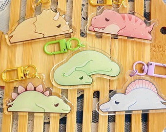 May include: Five colourful dinosaur keychains on a wooden background. The keychains are made of clear acrylic and feature different dinosaurs in various poses. The dinosaurs are pink, green, light blue, and brown.