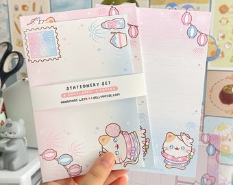 Handmade Japan Festival Cat Stationery Set for Letter Writing | Aesthetic, Kitty, Kawaii, Cute Paper, Envelope for Pen Pal Mail, Gift, Money