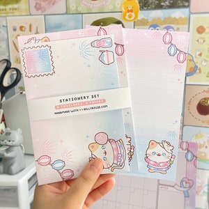 Handmade Japan Festival Cat Stationery Set for Letter Writing | Aesthetic, Kitty, Kawaii, Cute Paper, Envelope for Pen Pal Mail, Gift, Money
