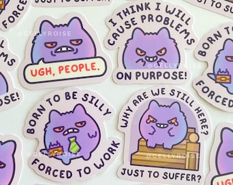 Moody Purple Ghost Waterproof Stickers Pack, Cute Born Silly Forced to Work Ugh People Monday Problems Suffer Anime Game Cartoon Waterbottle