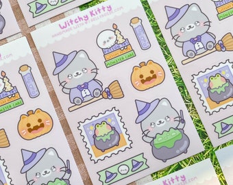 Witchy Kitty Sticker Sheet | Cute Spooky Cat Halloween Stickers for Journals & Planners | Kawaii, Potion, Pumpkin, Stamps, Aesthetic