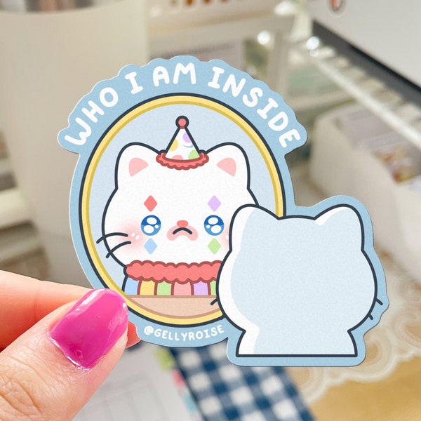 Clown Cat Waterproof Sticker | Cute, Sad, Kawaii, Relatable, Handmade, Vinyl for Laptop, Water Bottle, Planner, Journals, Teens, Gift