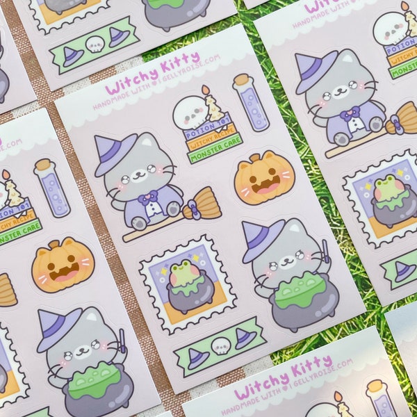 Witchy Kitty Sticker Sheet | Cute Spooky Cat Halloween Stickers for Journals & Planners | Kawaii, Potion, Pumpkin, Stamps, Aesthetic