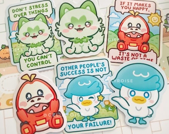 Poke Starter Gen 9 Waterproof Stickers, Sprigatito Fuecoco Quaxly Positive Motivation Stress Happy Success Cartoon Anime Waterbottle Laptop
