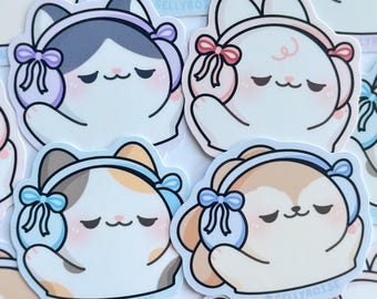 Coquette Ribbon Headphones Waterproof Sticker Pack, Cute Girly Pink Bow Cat Bunny Music Lover for Waterbottle Laptop iPad Phone Kindle Cases