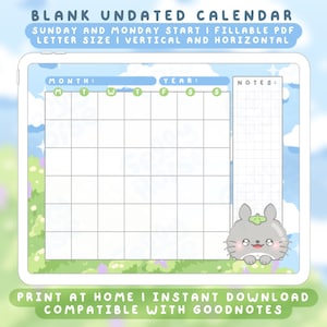 Undatierter Monatskalender | Cute, Kawaii, Printable PDF, Anime, Digital Planner für Goodnotes, iPad, Instant Download