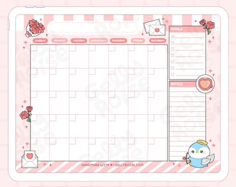 Puede incluir: Un planificador de calendario mensual digital imprimible con un fondo a rayas rosa y blanco. El calendario tiene una sección para objetivos y notas. El calendario está decorado con lindas ilustraciones de rosas, sobres y un pájaro con alas de ángel.