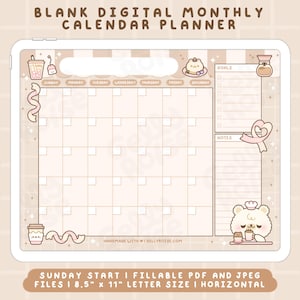 May include: A printable digital monthly calendar planner with a beige background and cute cartoon illustrations. The calendar is designed for a Sunday start and is 8.5 inches by 11 inches in size. The calendar includes sections for goals and notes.