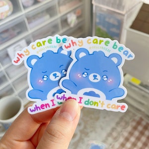 Grumpy Don&#39;t Care Bear Waterproof Sticker | Cute, Sassy, Kawaii, Cartoon, Handmade, Vinyl for Laptop, Water Bottle, Planner, Journals, Gift