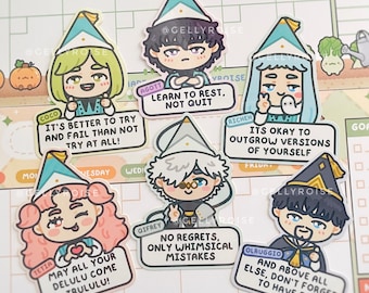 Puede incluir: Una colección de seis pegatinas coloridas con personajes de dibujos animados que llevan sombreros. Cada pegatina tiene un diseño de personaje único y una cita motivacional en una burbuja. Las pegatinas están sobre un fondo de planificador.