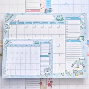 Handmade Rainy Day Penguin Monthly Yearly 8.5" x 11" Desk Calendar, Cute Kawaii Frogs Aesthetic Planner To Do Notepad Stationery Work School
