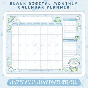 May include: A digital monthly calendar planner with a light blue background and rain drop design. The planner includes a grid for the days of the month, a goals section, and a notes section. The text on the planner reads "BLANK DIGITAL MONTHLY CALENDAR PLANNER".