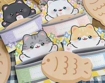 Cat Interactive Taiyaki Fish Greeting Card, Cute Kawaii Unique Die-cut Handmade Kitty Animal Lover for Friends Family Kids Siblings Mom Gift