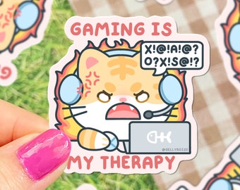 Gaming is mijn therapie oranje Cat Rage waterdichte sticker | Schattig, Kawaii, herkenbaar, handgemaakt, vinyl voor laptop, waterfles, planner, cadeau