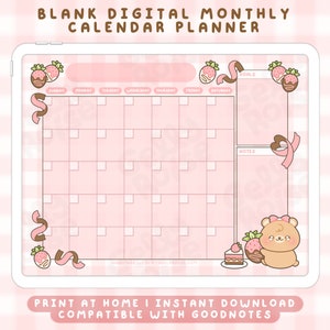 Calendario mensile digitale stampabile "Fragola Orsetto" / Carino, accogliente, rosa, kawaii - Monitoraggio degli obiettivi, appunti da scrivania, Goodnotes, iPad