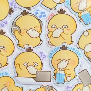 Silly Psyduck Waterproof Sticker Pack, Cute Poke Confused Drink Water Hehe Music Lover Derpy Cartoon Anime Game Mini for Water Bottle Laptop