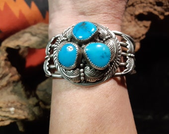 Navajo Bangle, Old Pawn, 3 Turquoises, 925 Sterling Silver, 5