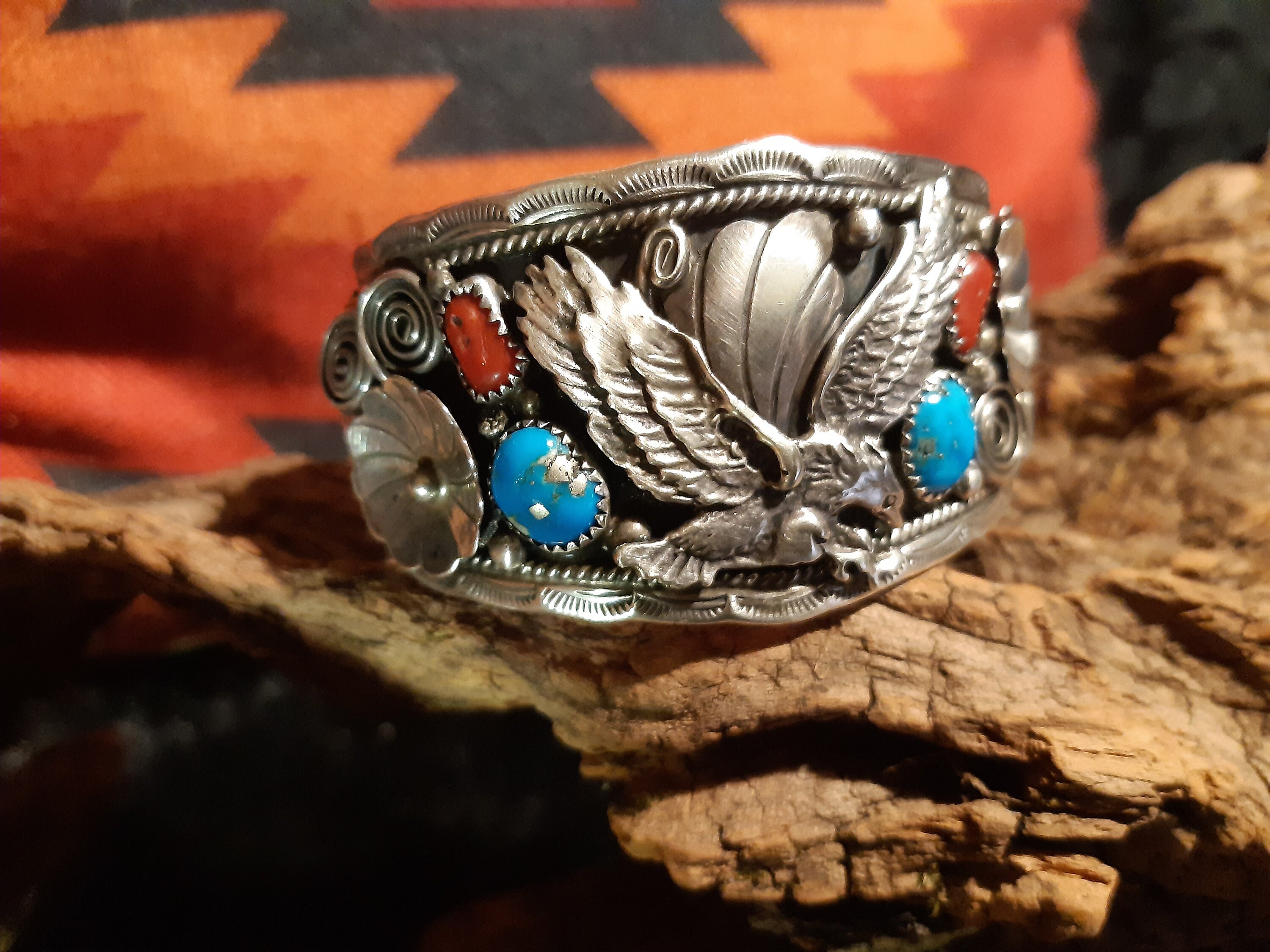 Vintage Bangle, Navajo, Men's, Unisex, 2 Turquoises, 2 Corals