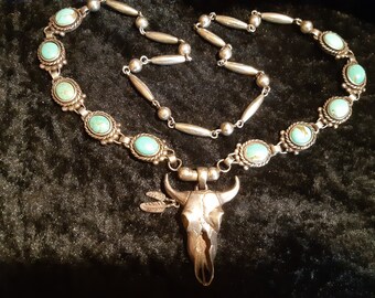 Collier Navajo Old Pawn Crâne de Bison, 10 Chiffre Huit Turquoise, 70 cm, Perles en Argent Sterling 925 Signé. C,
