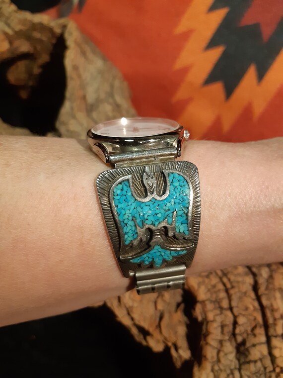 Peyote Bird Designs Navajo Inspired Watch Vintage Navajo Sterling Chip Inlay Peyote Bird Watch Cuff By  main image 3