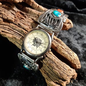 Orologio indiano, zampa d'orso, shadowbox, orologio Liberty in corallo turchese, firmato V, Robert Vandover, argento sterling 925