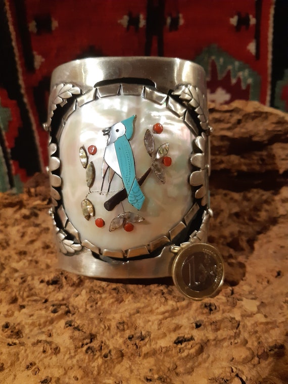 Important Edward Pablita Native American Zuni Turquoise Sterling Silver Inlay Bracelet Old Important Edward Pablita Native American Zuni Turquoise Sterling Silver Inlay Bracelet Old