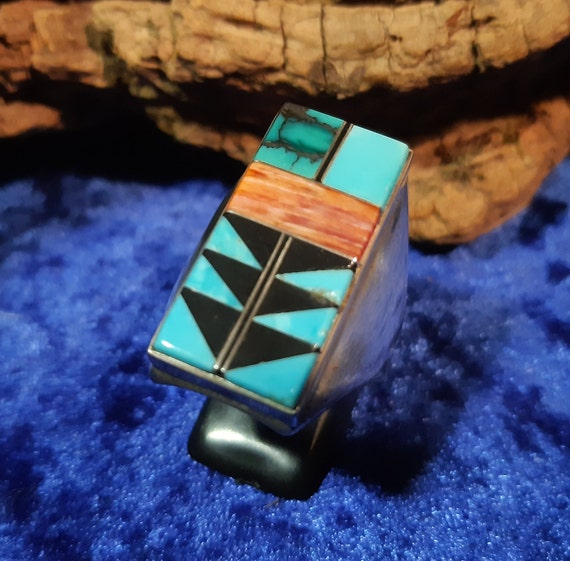 Multistone Zuni Men's Ring, Turquoise, Spiny Oyst… - image 1