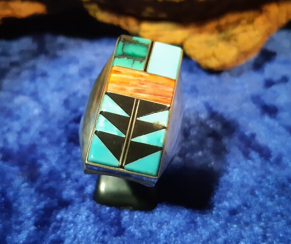 Multistone Zuni Men's Ring, Turquoise, Spiny Oyst… - image 4