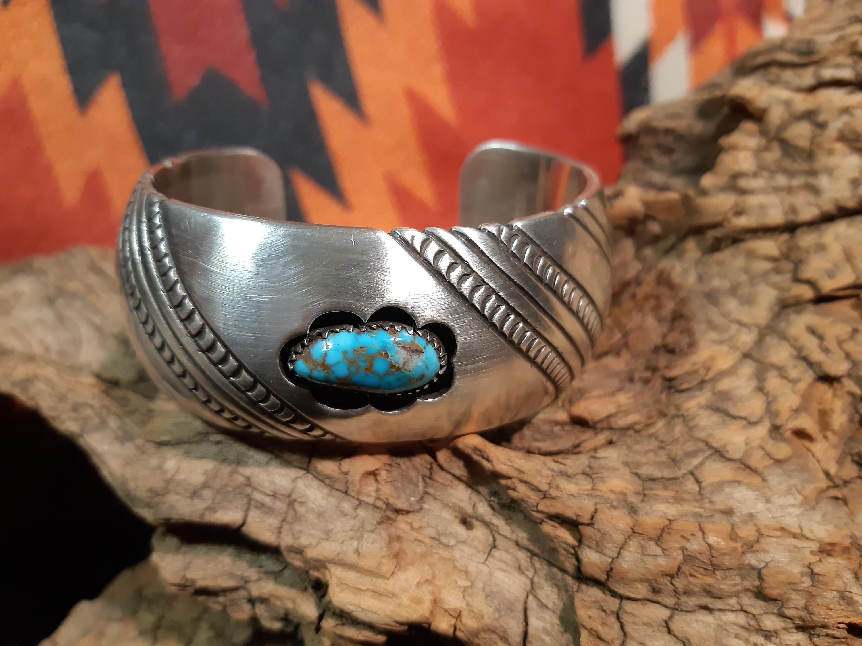60－70s Navajo Turquoise Bangle Navajo (Dine') Silver Turquoise Inlaid Bangle by Harold