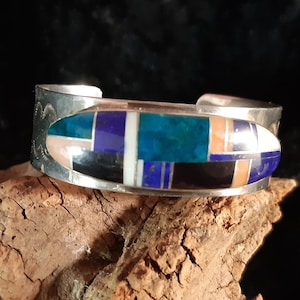 Zuni armband, multistone, kanaal inleg, stenen mozaïek, turquoise, oranje stekel, gesigneerd JJH, oude Pawn, sterling zilver
