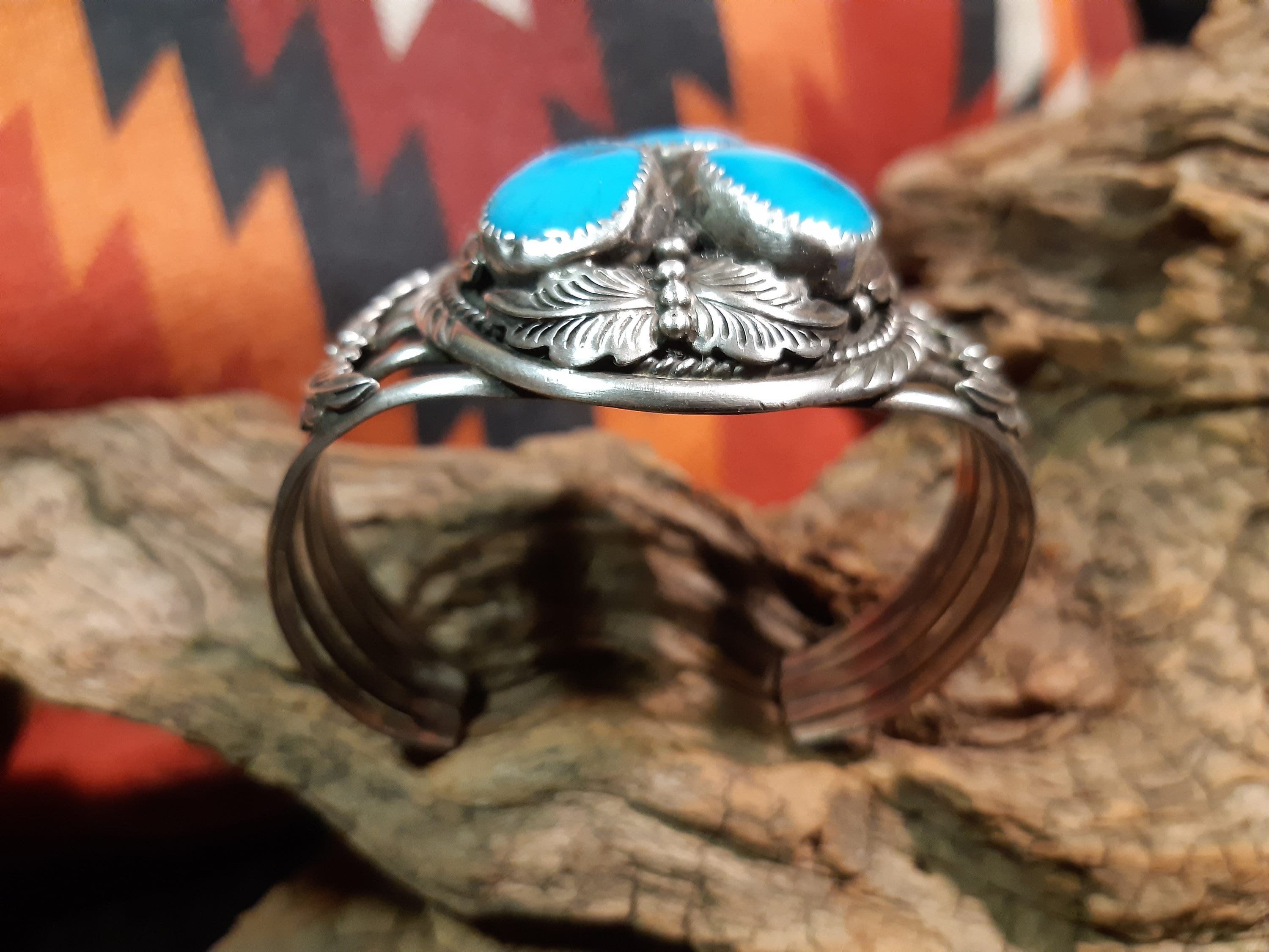 Navajo Bangle, Old Pawn, 3 Turquoises, 925 Sterling Silver, 5