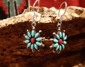 Earrings, hangers, Zuni, 10 turquoise, coral, cluster, flower, needlepoint, 925 sterling silver, 2 cm