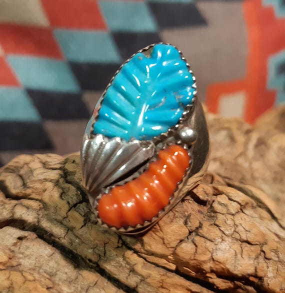 Striking Vintage Zuni Native American Turquoise Coral Sterling Silver Ring Striking Vintage Zuni Native American Turquoise Coral Sterling Silver Ring