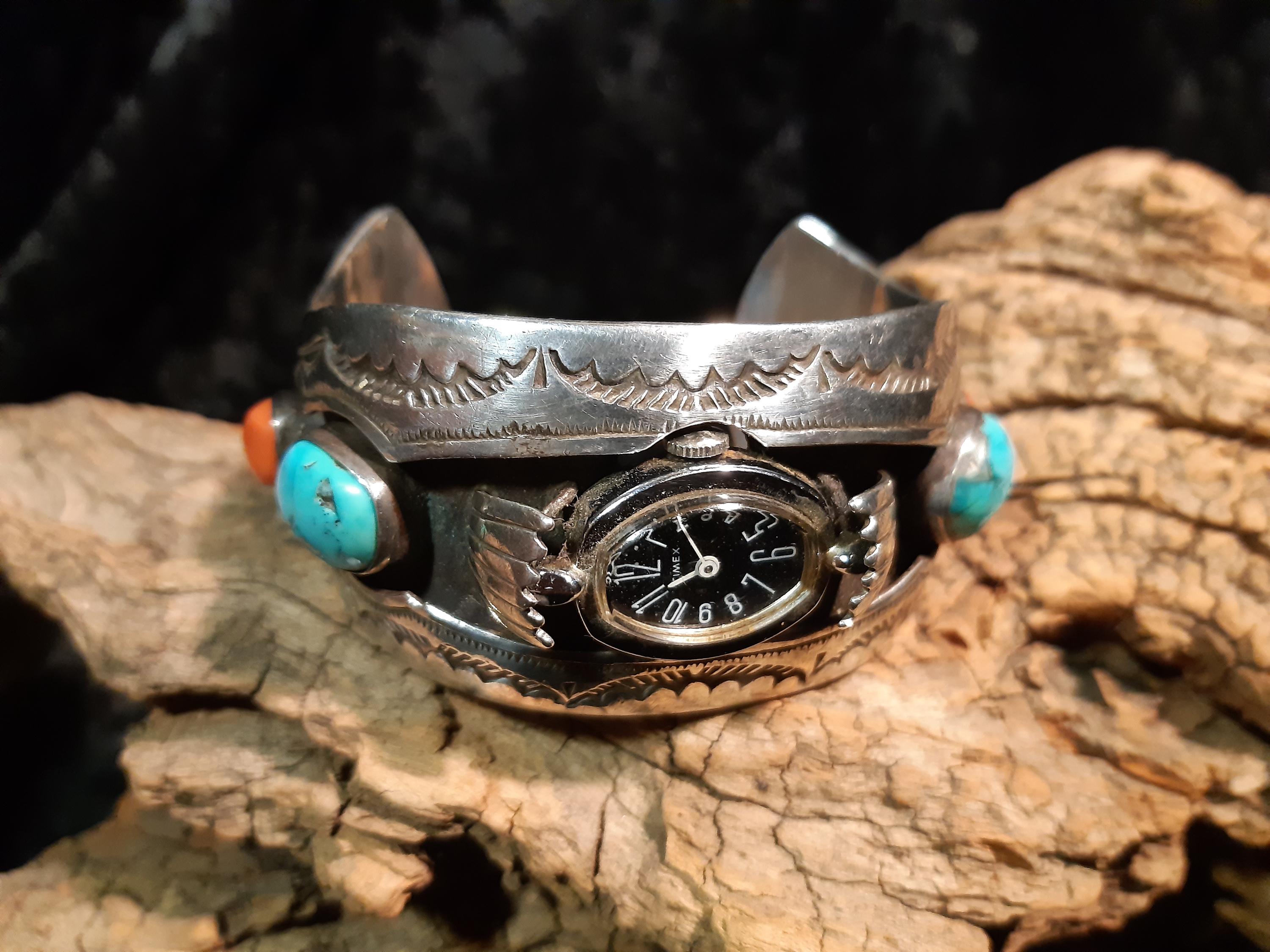 Bracelet De Montre Navajo En Argent Sterling Avec Turquoise Et Corail - Vintage Fait Main