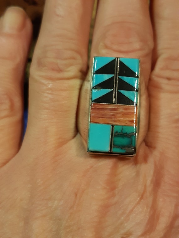 Multistone Zuni Men's Ring, Turquoise, Spiny Oyst… - image 2